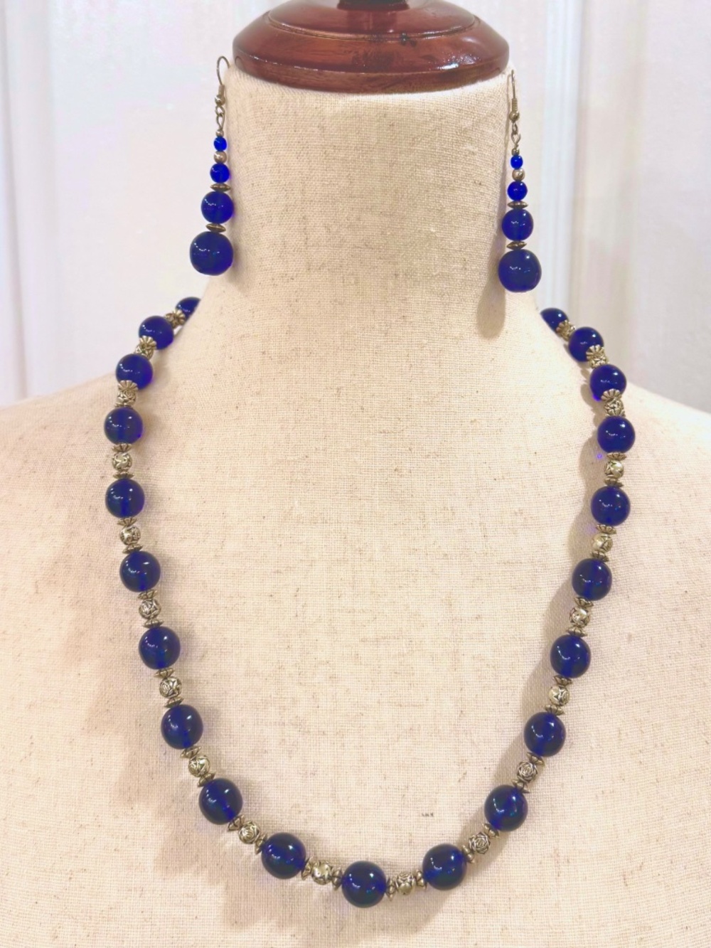 Vintage Necklace Set: 24" Navy Blue Glass Beads & Silver Beads, 2" Drop Earrings